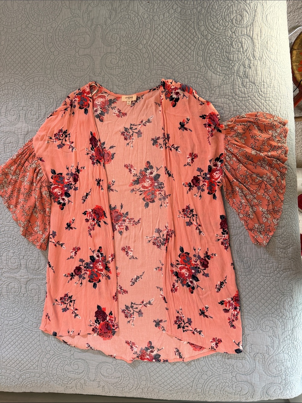Umgee Coral Pink Floral Kimono Bell Ruffle Sleeve Boho Duster Size S/M